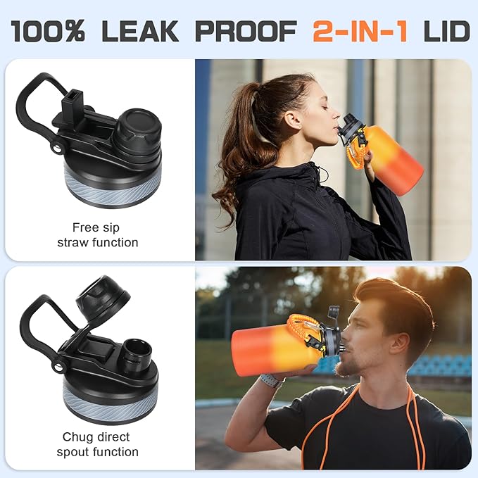 Insulated Water Bottle 64 oz, Half Gallon Water Jug Cold 48H, BPA Free Stainless Steel Bottles with Straw/Chug 2-in-1 Lid, Bag, Paracord Handle, Silicone Boot, Sports Gym School Metal Flask-FlexoryFit
