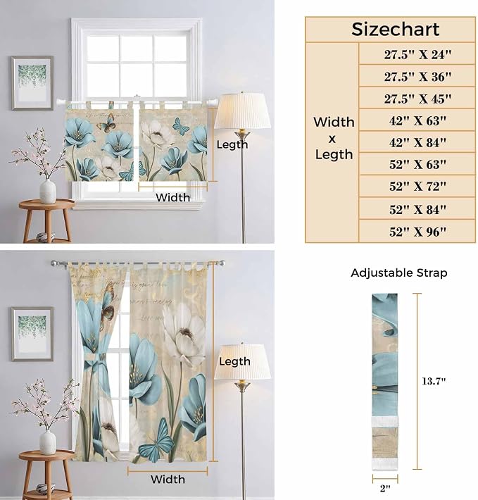 Spring Flowers Bathroom Curtains 63 Inch Length, Window Curtains Tab Top - Image 8