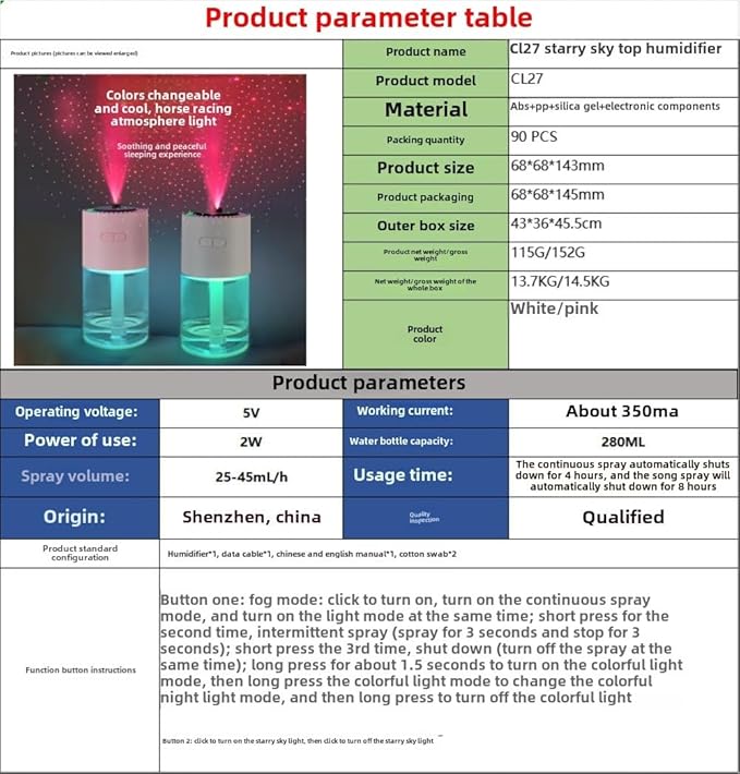 Bedroom Top Fill Humidifier, Silent, 280 ml Operates up to 4-8 hours Silent Cool Mist Air Humidifier, Two Modes, For Home, Car