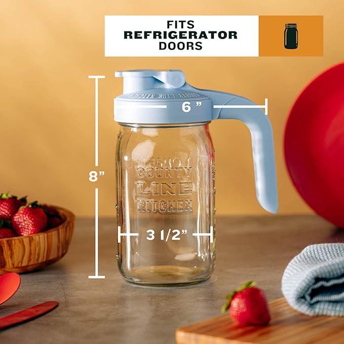 County Line Kitchen Glass Mason Jar Pitcher with Lid - Wide Mouth, 1 Quart (32 oz) - Heavy Duty, Leak Proof - Sun & Iced Tea Pitcher, Cold Brew Coffee, Breast Milk Storage, Water - Sky Blue