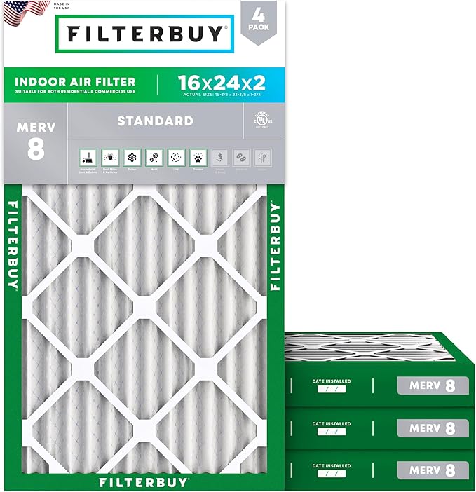 Filterbuy 16x24x2 Air Filter MERV 8 (MPR 700) Dust Defense Replacement (4-Pack), Electrostatic Pleated HVAC AC Furnace Filters, Made in USA (Actual Size: 15.38 x 23.38 x 1.75)
