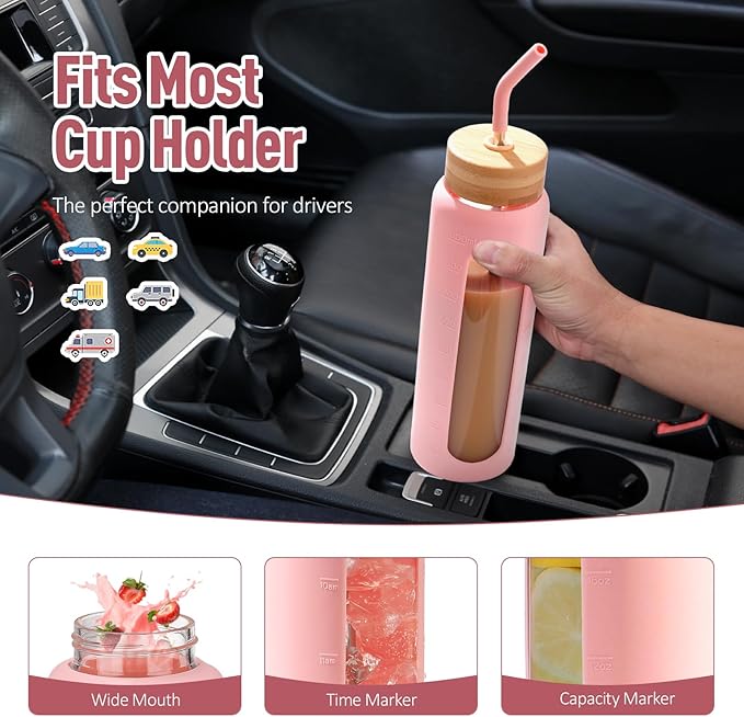 Kodrine Water Bottle with Straw, 24 oz Glass water Bottle with 2 Lids Bamboo Straw Lid and Spout Lid with Handle, 32 oz Clear Water Bottle Glass for Sports Travel, Waterbottle with Time Marker-FlexoryFit