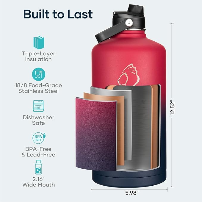 128oz Insulated Water Bottle, BUZIO Gallon Water Jug with Straw Lid and Carrying Sleeve (Cold for 48 Hrs) Stainless Steel Hydro Metal Canteen Water Flask, Ruby Red Navy-FlexoryFit