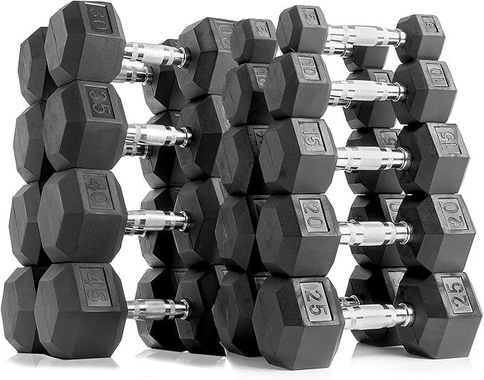 6-10 Pair Iron and Rubber Dumbbell Set 350/450 and 550 lbs 5-50 lbs Hand Free Weight for Strength Hex Coated Weights with Vertical Storage Rack Home Gym 5-50 lb - Black-FlexoryFit