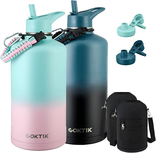 2 Pack 128 oz Insulated Water Bottle, Triple Wall Stainless Steel Flask, Keeps Drinks Cold for 48 Hrs Leak-Proof & BPA-Free Half Gallon Jug with Paracord Handle, Straw & Spout Lids(2 pack,Mix Color)-FlexoryFit