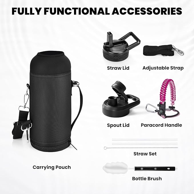 Insulated Water Bottle 40 oz, Triple Wall Vacuum Stainless Steel (Cold for 48 Hrs), Leak Proof & Non-BPA, Modern Water Flask Jug with Paracord Handle & Straw Spout Lids, Ombre Pink-FlexoryFit