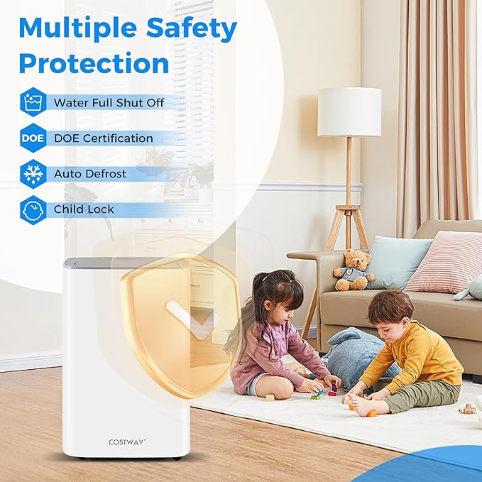 COSTWAY 52 Pint Dehumidifier for Basement, 3.3 FT Drain Hose, Clothes Drying Modes, Auto Defrost, Child Lock & 24H Timer, Home Dehumidifier for Bedroom, Bathroom, Garage