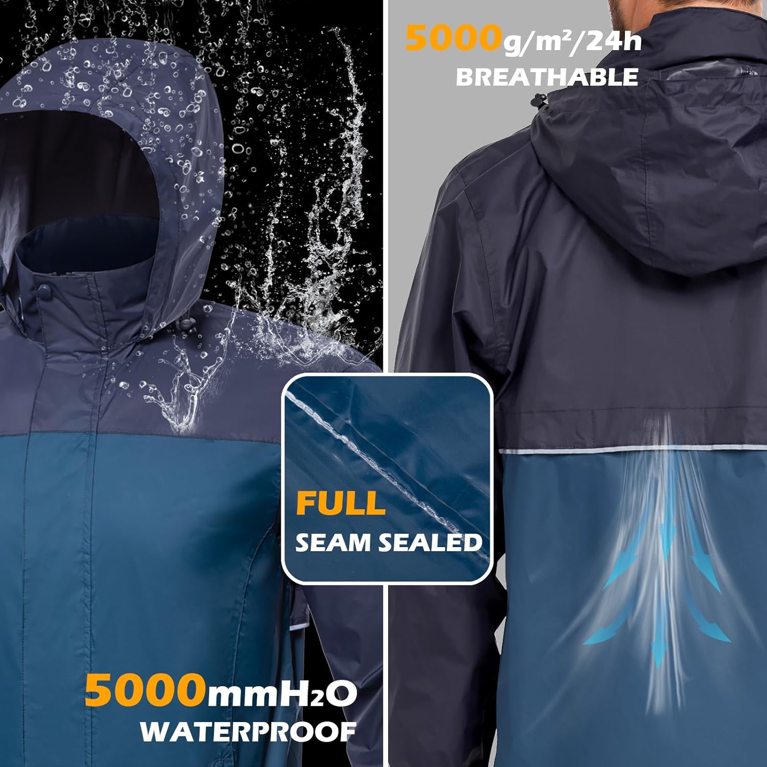 MANSDOUR Men's Packable Rain Jacket Waterproof Lightweight Windbreaker Cycling Golf Hiking Reflective Raincoat with Hood