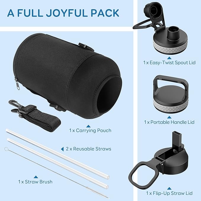 Insulated Water Bottle 87 oz with Straw, Coolflask 2/3 Gallon Stainless Steel Metal 3 Lids Large Water Jug for Sports or Office, Non-BPA Keep Cold Up to 48 Hrs or Hot Up to 24 Hrs, Magic Black-FlexoryFit