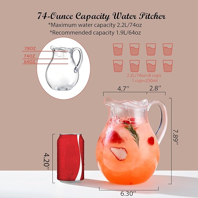 Plastic Pitcher, Clear Water Pitcher with Lid, Fridge Jug, BPA-Free, Shatter-Proof, Great for Iced Tea, Lemonade, Juice, Milk, and More (2 Quart/72oz)