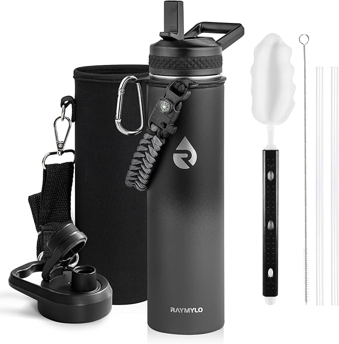 Insulated Water Bottle 24oz, Triple Wall Vacuum Stainless Steel (Cold for 48 Hrs, Hot for 24Hrs), Leak Proof & Non-BPA, 24oz Hydro Water Flask with Paracord Handle & Straw Spout Lids-FlexoryFit