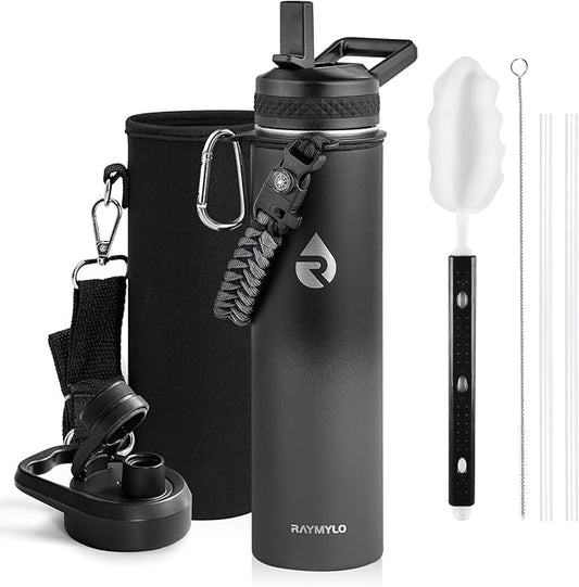 Insulated Water Bottle 24oz, Triple Wall Vacuum Stainless Steel (Cold for 48 Hrs, Hot for 24Hrs), Leak Proof & Non-BPA, 24oz Hydro Water Flask with Paracord Handle & Straw Spout Lids-FlexoryFit
