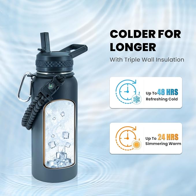 Insulated Water Bottle 32 oz, Triple Wall Vacuum Stainless Steel (Cold for 48 Hrs), Leak Proof & Non-BPA, Modern Water Flask Jug with Paracord Handle & Straw Spout Lids, Dark Grey-FlexoryFit