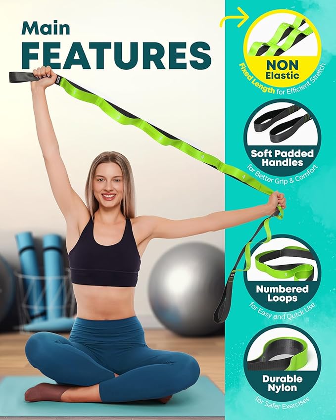 Stretching Strap with Loops - Non Elastic Stretch Band for Physical Therapy, Yoga Strap for Stretching Equipment, Stretch Bands for Exercise and Flexibility - Fascia, Hamstring & Leg Stretcher Belt-FlexoryFit