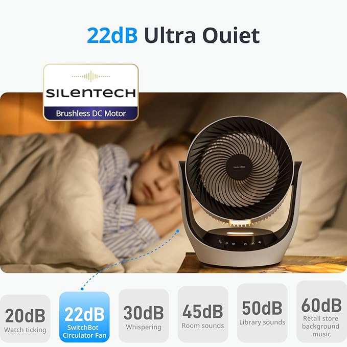 SwitchBot Smart Desk Fan for Bedroom, 22dB Ultra Quiet, 90° Oscillation, Battery Operated, 9 Speeds, 9H Timer, Alexa/Google/Siri Compatible (Hub Required), Portable Air Circulator for Indoor & Outdoor
