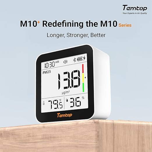 Temtop M10+ Indoor Air Quality Monitor, 6-in-1 CO2, PM2.5, VOC Detection, Smart Temperature & Humidity Sensor, with App Connectivity for Home Air Quality Testing & Analysis