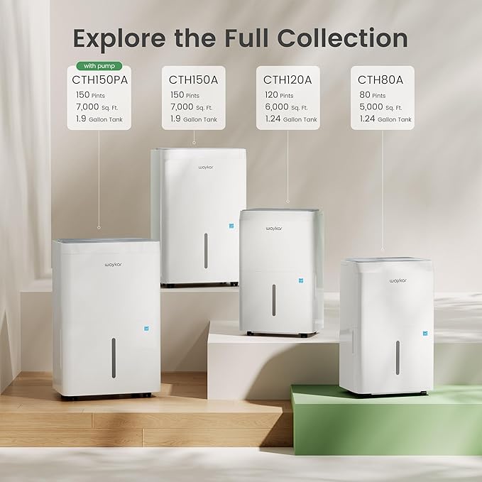 Waykar 150 Pint Energy Star Dehumidifier for Large Rooms up to 7,000 Sq. Ft. for Home, Basement, Commercial, Industrial, with Drain Hose & Tank, Auto Defrost, Ultra Quiet, Smart Auto Comfort Mode
