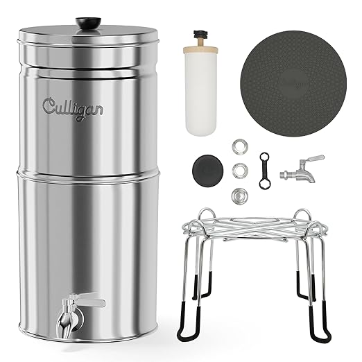 Culligan with MaxClear Technology 2.25 Gallon Gravity Water Filter System, Brushed Countertop Ceramic Water Filter NSF/ANSI Certified to Reduce Lead, Microplastics & Total PFAS, with 1 Filter