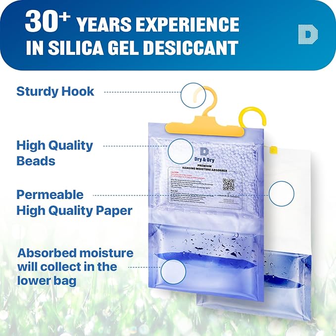 Dry & Dry 40 Pack [Net 14 Oz/Pack] Premium Hanging Moisture Absorbers to Control Excess Moisture for Basements, Closets, Bathrooms, Laundry Rooms. - Ultra Strong Moisture Absorbers
