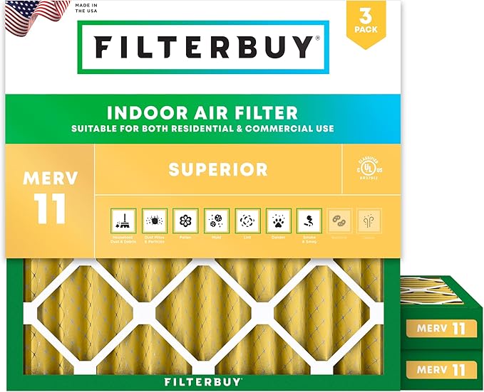 Filterbuy 14x14x2 Air Filter MERV 11 (MPR 1200) Allergen Defense Replacement (3-Pack), Electrostatic Pleated HVAC AC Furnace Filters, Made in USA (Actual Size: 13.50 x 13.50 x 1.75)