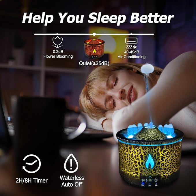 Volcano Diffuser, Essential Oil Diffuser 300ml Volcano Humidifier with Flame & Volcano Mist Mode, 2 Colors, Timer, Auto Shut-Off, Remote Control, Flame Diffusers for Home Bedroom Black