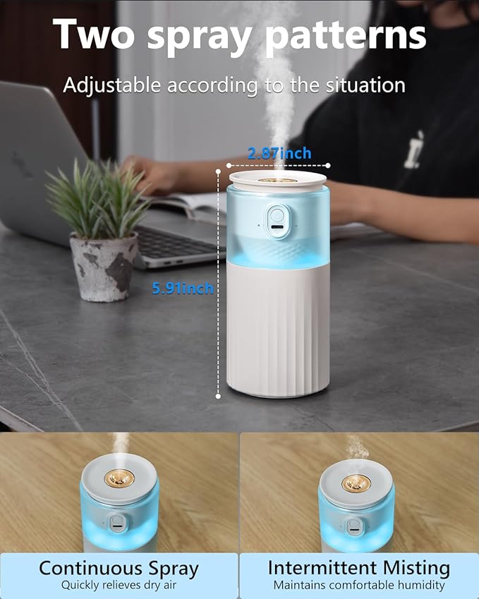 OATSBASF Portable Mini Humidifier, Small Cool Mist for Car With Night Light, 28dB Quiet Air Humidifier for Bedroom, Office, Plants, Dorm, 2 Mist Modes, Easy to Fill and Clean (White)
