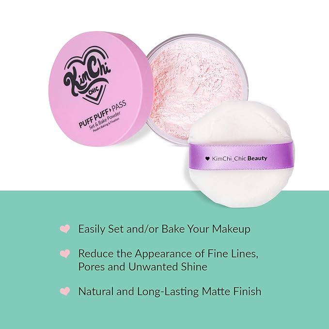 Kimchi Chic Beauty Puff Puff Pass Set and Bake Setting Powder for Makeup, Extra Fluffy Loose Face Powder Poof, Soft Natural Face Makeup for Uneven Skin Tone, 09 Pink-FlexoryFit