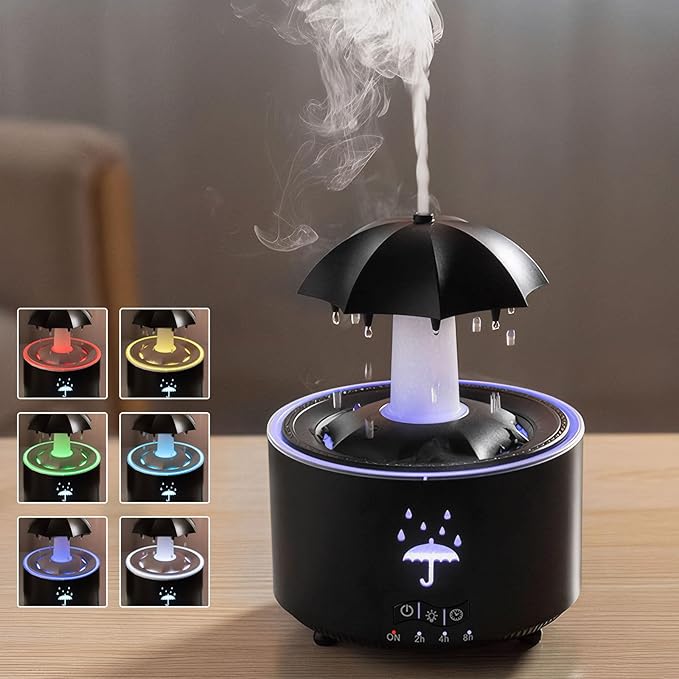 Raindrop Humidifier, Small Rotatable Aromatherapy Diffuser Air Humidifier, Desktop Diffuser with 7 Color Night Ligh and Timing for Bedroom, Rain Sound to Help Sleep, Gift for Family Friends (Black)