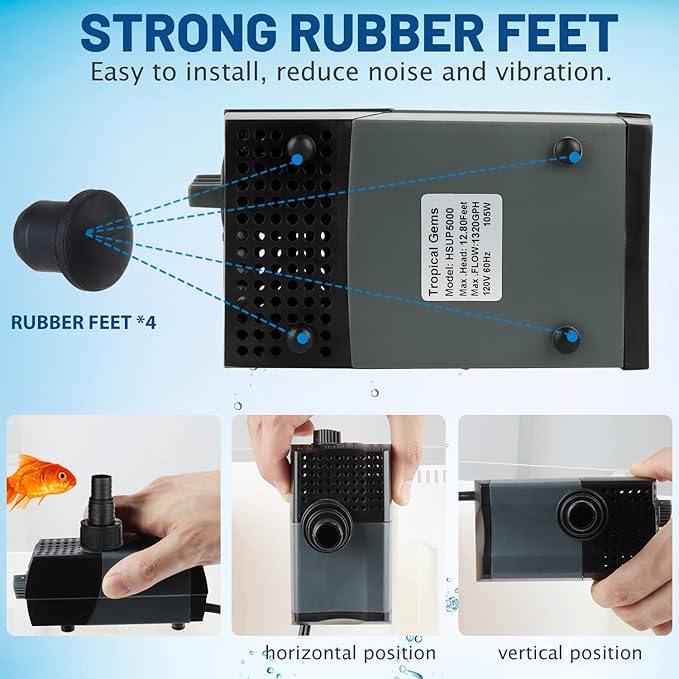 WaterRebirth HSUP5000F Versatile Submersible Pump - Fountain Jets for Ponds, Fish Tanks, Water Gardens - Aquarium & Pond Pump (5000L/H)