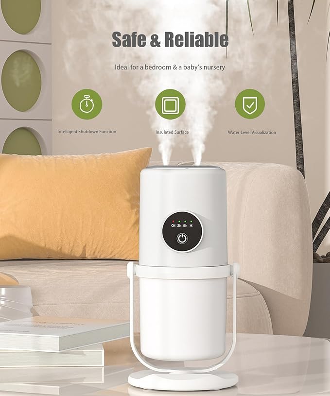 Portable Small Humidifier - Cold Mist Humidifier with 360° Rotating Stand, Stepless Dimming Warm Night Light, 2/8 H Timer Function, Mini humidifier for Bedroom, Plants, Office, and Car (White)