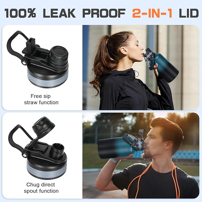 Insulated Water Bottle 64 oz, Half Gallon Water Jug Cold 48H, BPA Free Stainless Steel Bottles with Straw/Chug 2-in-1 Lid, Bag, Paracord Handle, Silicone Boot, Sports Gym School Metal Flask-FlexoryFit