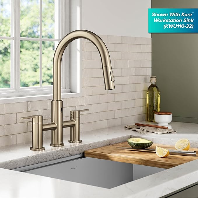 KRAUS Oletto Touchless Sensor Bridge Kitchen Faucet with Pull-Down Sprayhead in Spot-Free Antique Champagne Bronze, KSF-3122SFACB