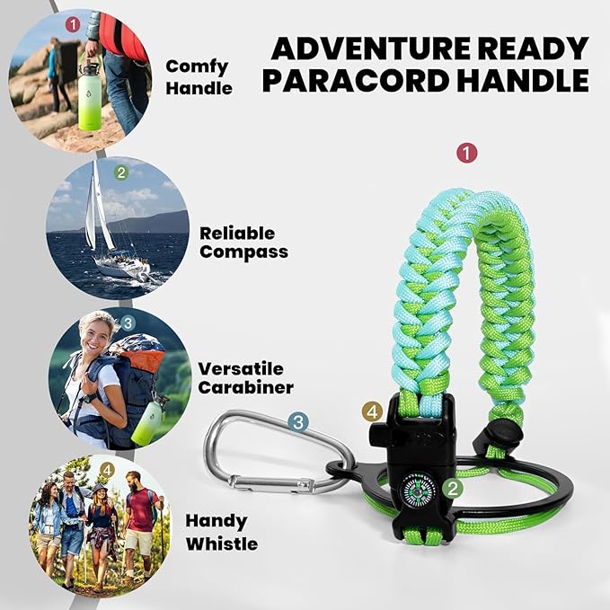 Insulated Water Bottle 87 oz, Triple Wall Vacuum Stainless Steel (Cold for 48 Hrs), Leak Proof & Non-BPA, Modern Water Flask Jug with Paracord Handle & Straw Spout Lids, Ombre Green-FlexoryFit
