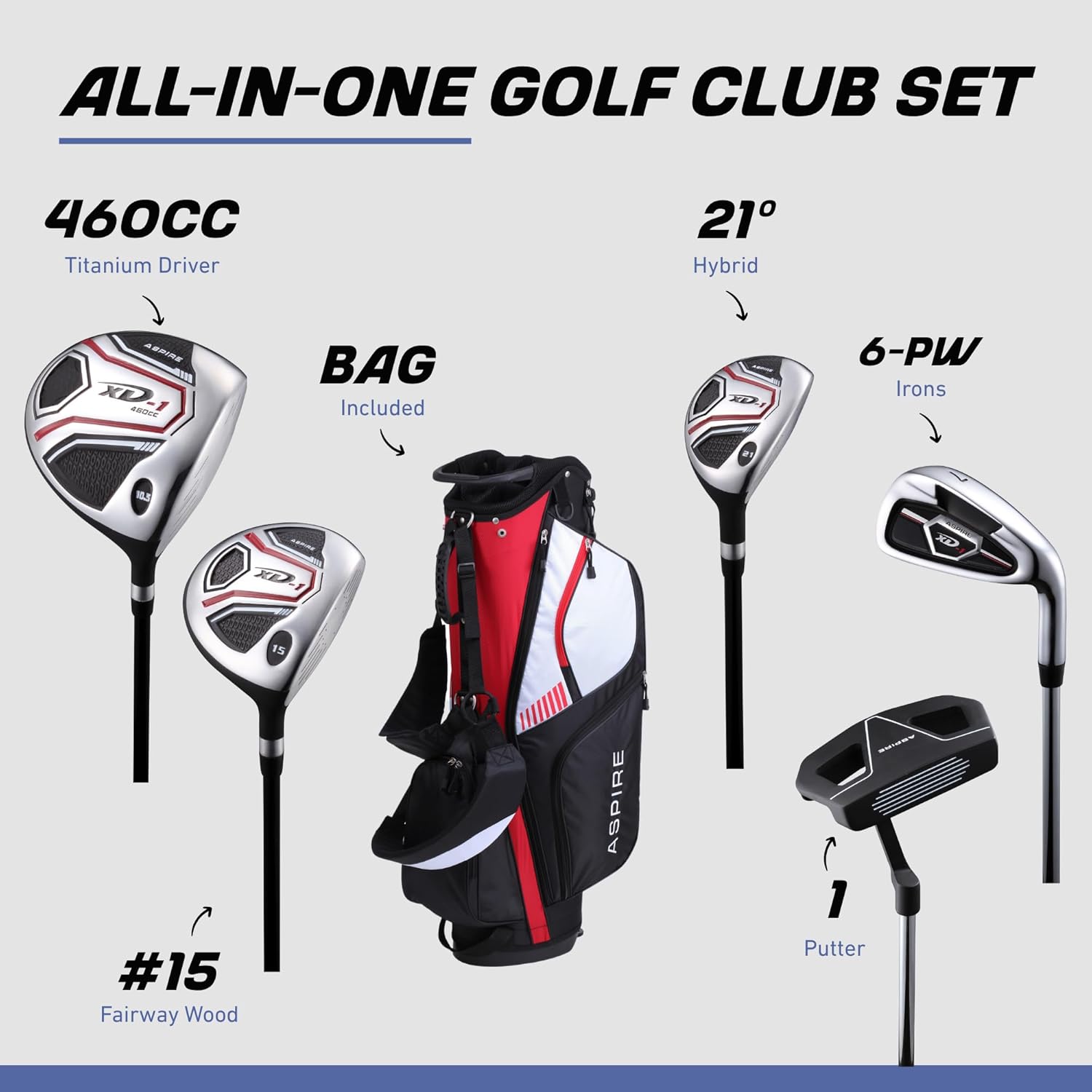 Aspire XD1 Complete Mens Golf Club Set, Includes Titanium Driver, S.S. Fairway, S.S. Hybrid, S.S. 6-PW Irons, Putter, Bag, 3 H/C's, Right & Left Handed Golf Clubs
