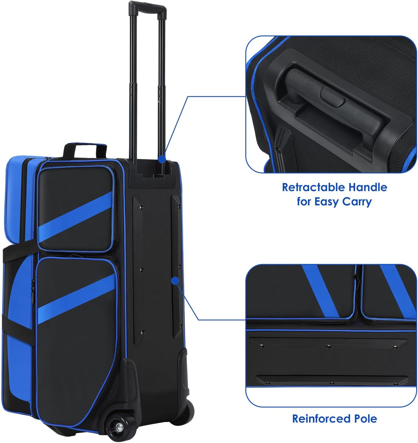 3 Ball Bowling Bag with Wheels, Bowling Bag 3 Ball Roller with Shoe Compartment (Fits Up to Size 16), with Multi-pocket and Retractable Handle Extends to 41.5"