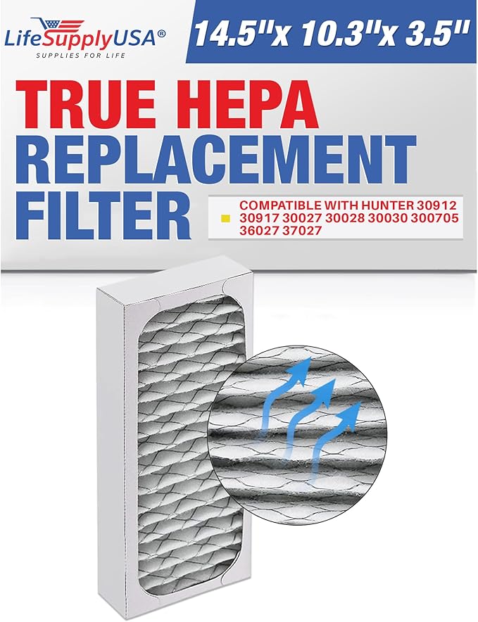 LifeSupplyUSA True HEPA Filter Replacement Compatible with Hunter 30912 30917 30027 30028 30030 300705 36027 37027 Air Purifier