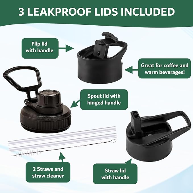 Travel Water Bottle with 3 Lids (Spout, Straw, Flip) Leak Proof, Quality, Vacuum Insulated, Stainless Steel (Twilight, 22 oz)