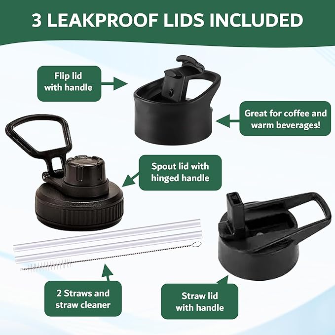 Travel Water Bottle with Carrying Bag, 3 Lids (Spout, Straw, Flip), and Bottle Brush; Leak Proof, Quality, Vacuum Insulated, Stainless Steel (Ocean Blue, 32 oz)