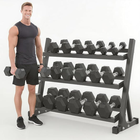 Yufer 6-10 Pair Iron and Rubber Coated Dumbbell Set 350/450 and 550 lbs 5-50 lbs Hand Free Weight for Strength Hex Rubber Weights with Vertical Storage Rack Fitness Home Gym Equipment-FlexoryFit