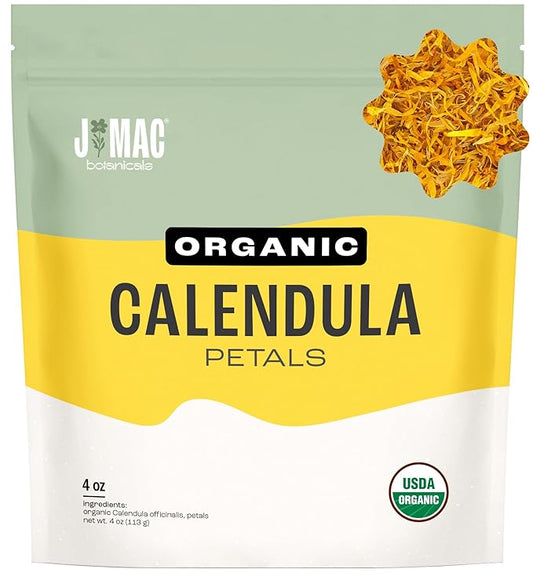 J Mac Botanicals, Organic Calendula Petals (4 oz) edible dried flowers petals, pairs well with edible dried rose petal, edible flowers for ice cubes, edible flowers for food, beverages, bath bombs-FlexoryFit