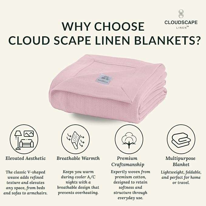 Cloud Scape Linen Herringbone Cotton Throw Blanket for Couch, Bed,Sofa, Home Decor, Soft, Lightweight, All-Season Bed Blanket, 50 x 70, Seashell Pink