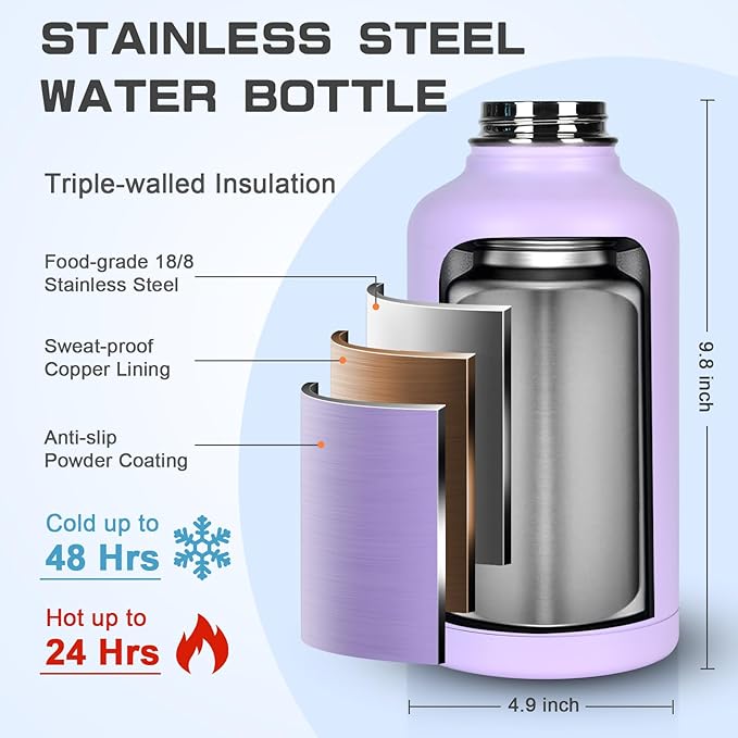 Insulated Water Bottle 64 oz, Half Gallon Water Jug Cold 48H, BPA Free Stainless Steel Bottles with Straw/Chug 2-in-1 Lid, Bag, Paracord Handle, Silicone Boot, Sports Gym School Metal Flask-FlexoryFit