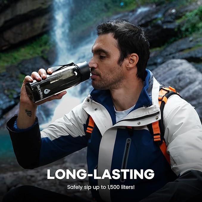 Survimate 5-Stage 0.01μm Ultra-Filtration Filtered Water Bottle, BPA-Free Material, NSF/ANSI 42&372 Certified, Portable Water Filter Bottle for Survival, Camping, Hiking, and Emergency Use