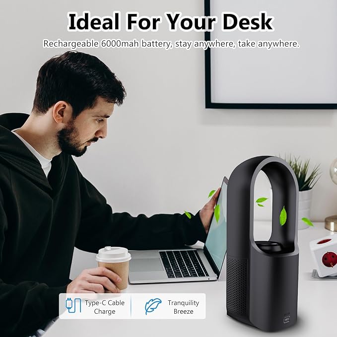 CONBOLA Desk Fan Portable, Aromatherapy Function, Battery Operated Lasting 17 Hours,11.8 Inch Tower Fan with 3speeds, Quiet Cooling,Standing Floor Fans for Office, Home, House (Black)
