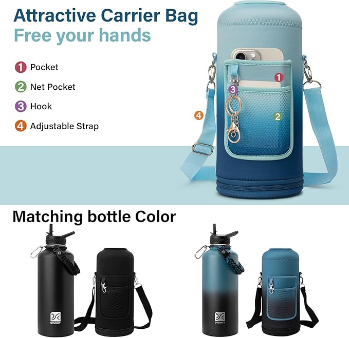 Insulated Water Bottle | Thickened Stainless Steel for Gym and Hiking with Straw, Carrier Bag, Handle Strap | BPA-Free 87 oz-FlexoryFit
