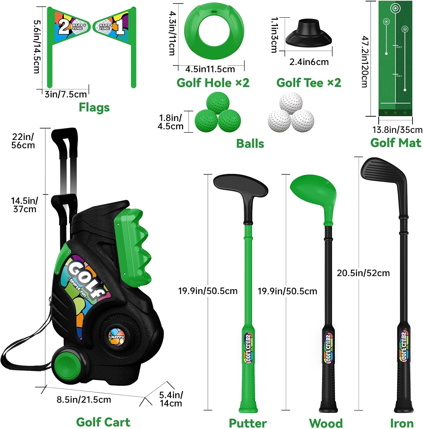 Liberry Toddler Golf Set with Putting Mat for Boys Girls Age 2 3 4 5, Upgraded Kids Golf Cart with Shoulder Strap Design, Outdoor Indoor Sports Toys for Birthday, Black