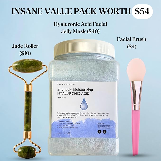 Jelly Face Mask for Facials - Hyaluronic Acid Hydrating, Brightening & Nourishing Jelly Mask with Free Jade Roller & Spatula | Professional Hydrojelly Masks | Vajacial Jelly Mask Powder | 23 Oz Jar-FlexoryFit