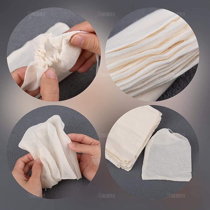 AUEAR, 50 Pack Reusable Drawstring Cotton Soup Bags Spice 6 x 8 Inch Tea Filter Coffee Brew Herb Muslin Cheesecloth for Straining
