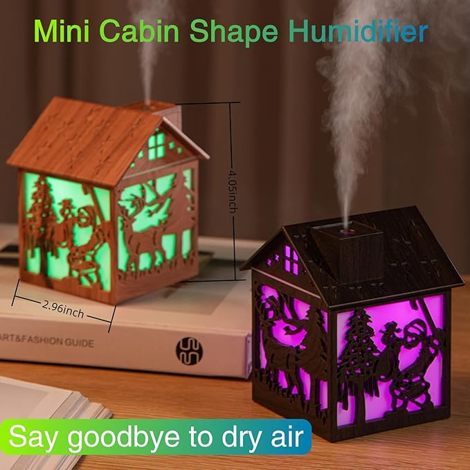 Colorful Cool Mini Humidifier, Cabin styling with Christmas theme，USB Personal Desktop Humidifier 2 Mist Modes, 7 colors,Super Quiet Perfect for Baby Bedroom, Office (Lightwood)
