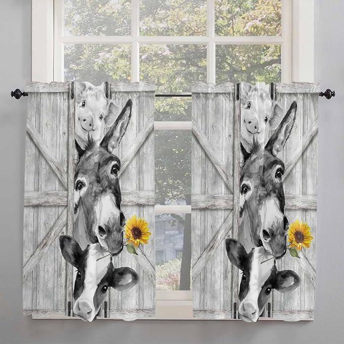 Grey Farmhouse Kitchen Curtains 54 Inches Length, Vintage Sunflowers Animals - Image 2